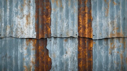 Artistic representation of an old and rusty zinc sheet wall, capturing the vintage style and corrosion pattern of metal