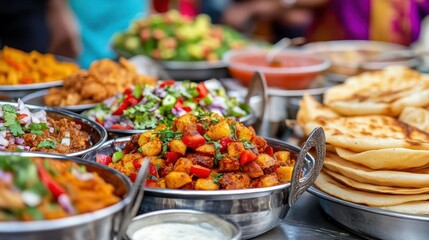 Obraz premium A bustling Indian street food market with stalls offering chaat, dosas, and kebabs, Indian street food, market, lively
