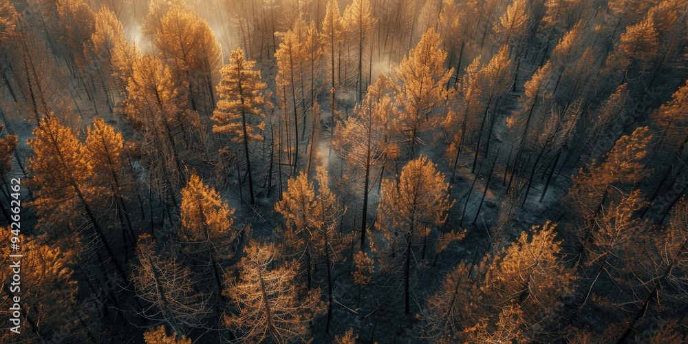 Wall mural Aerial perspective of a charred pine forest scorched trees following a wildfire Environmental catastrophe