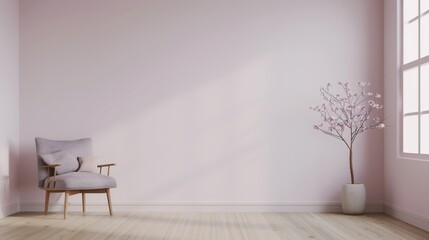Empty Wall in Scandinavian Style Interior with Armchair, 3D rendering, copy space, all objects in focus, deep depth of field.