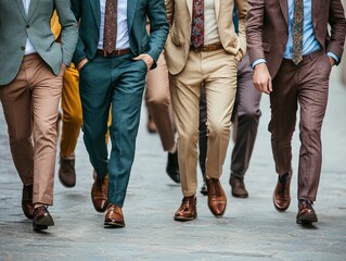 Grupo de hombres elegantes caminando juntos, vistiendo trajes formales de colores variados y zapatos de cuero, proyectando estilo y confianza en un entorno urbano