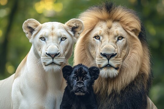 Retrato de una familia de leones con un le&oacute;n macho, una leona albina y su cachorro negro, mostrando unidad y majestuosidad en la naturaleza