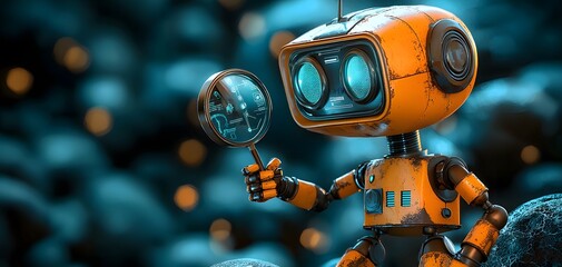 A vibrant robot holds a magnifying glass, examining a futuristic display. The background is textured, creating an intriguing atmosphere filled with curiosity and exploration.