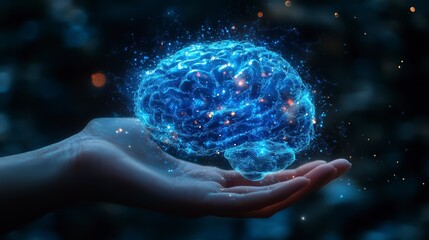 A hand holding a luminous brain on a dark background. The concept of AI, science and digital technology