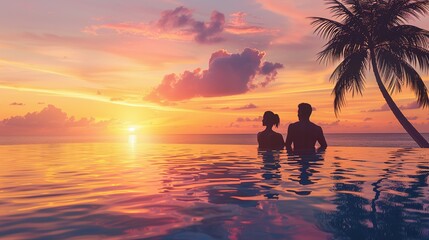 Couples Relaxing Near Swimming Pool at Sunset in Luxury Hotel: Banner Background with Copyspace for Beach Holidays