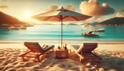 Fototapeta premium lounge chairs on the beach, beach chair and umbrella