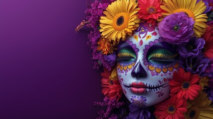 dia de los muertos festive Catrina mask with dahlias, roses and orange marigolds on a vibrant bold purple background