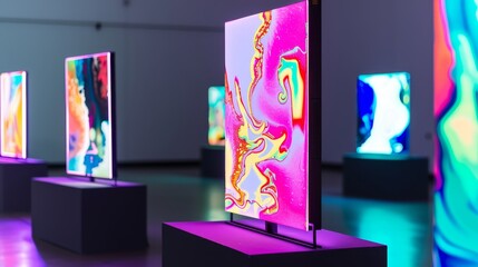 Vibrant artwork on fluorescent stand with copy space, covering all objects in deep depth of field.