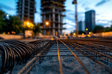 Close-up view of metal reinforcement bars at a construction site with buildings in the background during dusk.