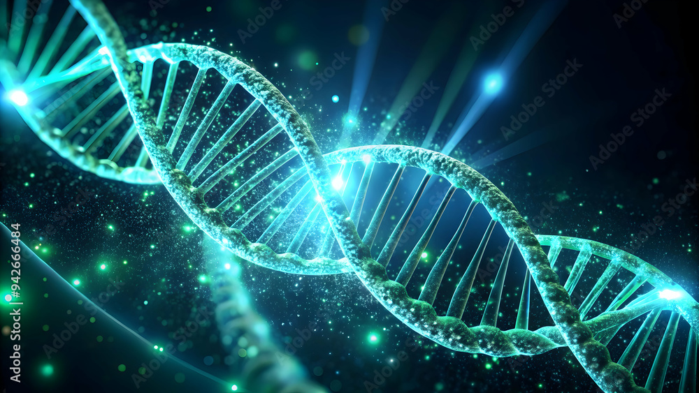 Poster the blueprint of life: a mesmerizing 3d rendering of a dna double helix, glowing with ethereal light