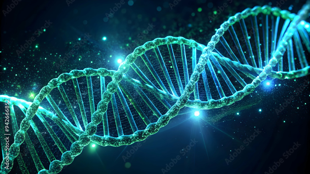 Poster the blueprint of life: a mesmerizing 3d rendering of a dna double helix, glowing with ethereal light