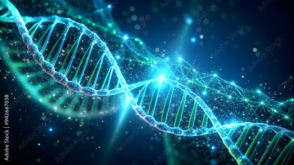Poster the blueprint of life: a mesmerizing 3d rendering of a dna double helix, glowing with ethereal light