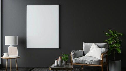 Modern dark home interior frame mockup, deep depth of field, copy space, focus on all objects.
