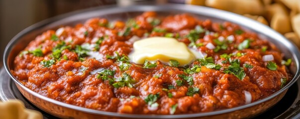 A vibrant image of pav bhaji being cooked on a large tawa, with butter melting on top, pav bhaji, Indian street food, Mumbai