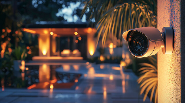 Surveillance camera monitoring a luxurious modern home, warm-toned lighting, evening setting