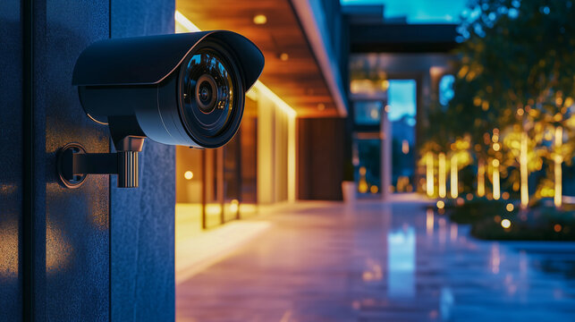 Surveillance camera monitoring a luxurious modern home, warm-toned lighting, evening setting