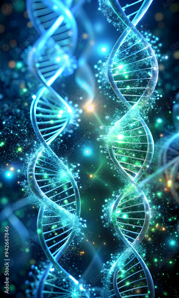 Poster the blueprint of life: a mesmerizing 3d rendering of a dna double helix, glowing with ethereal light