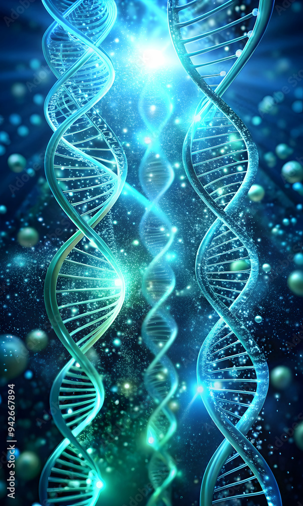 Poster the blueprint of life: a mesmerizing 3d rendering of a dna double helix, glowing with ethereal light