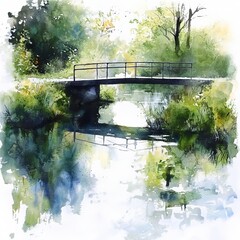 watercolor painting of a small footbridge over a quiet river, on isolated white background