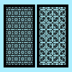 Collection of laser cut templates with modern abstract geometric panels. Template for cnc cutting of metal and wood. Aspect ratio 1:2. blue background.