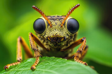 A macro photograph of a funny-looking insect with exaggerated features on a natural background.