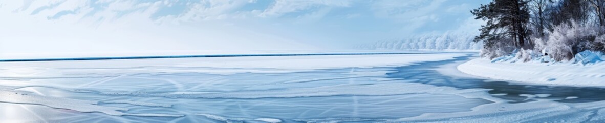Frozen lake with snowy surroundings in winter stillness.