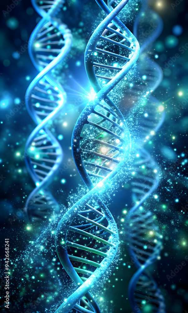 Poster the blueprint of life: a mesmerizing 3d rendering of a dna double helix, glowing with ethereal light