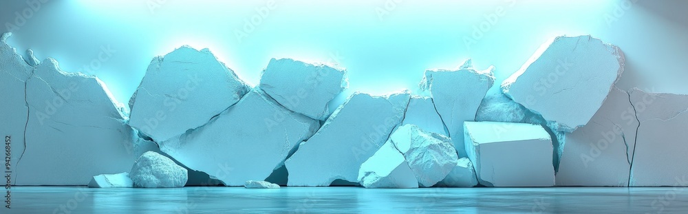 Poster 3D rendering of white stone wall pieces featuring broken textured edges illuminated by neon blue light creating a rubble stone slab background for product display