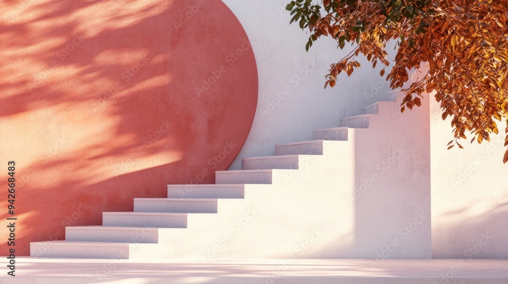 Poster 3D rendering of stairs in a minimalist setting featuring modern geometric design Autumnal hues create a backdrop suitable for banners or product showcases