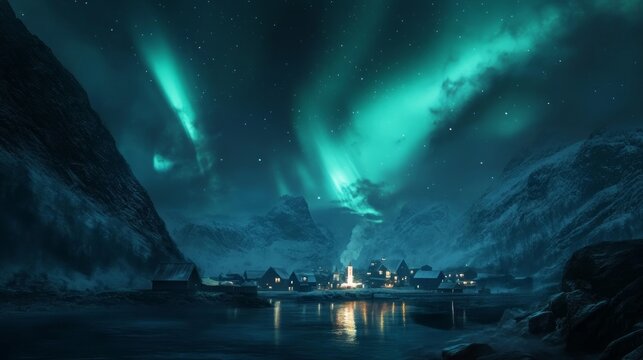 Aurora borealis over Hamnoy in Norway