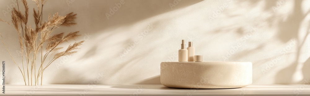 Poster 3d rendering of a minimalistic background featuring a beige pedestal for displaying cosmetic product