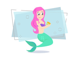 Beautiful mermaid opening gift. Cartoon character, girl, present. Communication concept. Can be used for topics like jewelry, sea life, fairy tail
