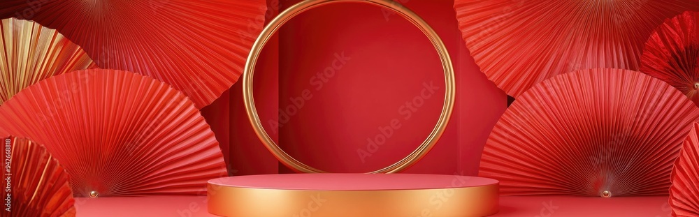 Poster 3D podium with golden ring design for a festive background adorned with red fans in vibrant hues serving as a mockup for product display and advertisement