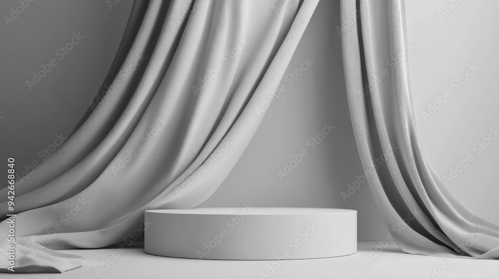 Poster 3D rendering of a minimalistic background featuring a white podium and gray fabric in a grayscale theme