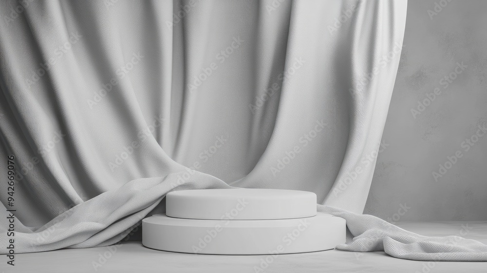 Poster 3D rendering of a minimalistic background featuring a white podium and gray fabric in a grayscale theme