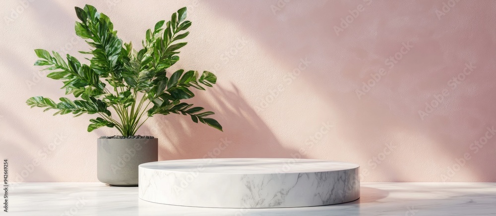 Aufkleber 3D rendering of a podium with a plant for product display background
