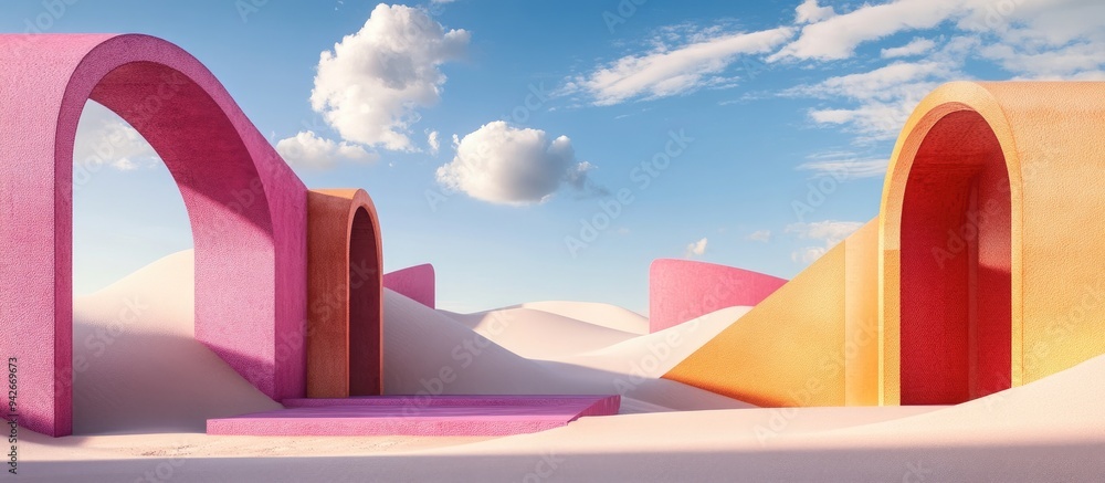Aufkleber 3D render of an abstract surreal pastel landscape featuring modern architecture and geometric arches Colorful dune scene with ample copy space complemented by a blue sky and clouds showcasing minim