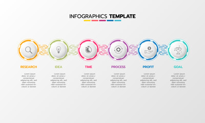 Business infographic template process with simple geometry square, rectangle, circle, triangle, curves in flat design template with thin line icons and 6 options or steps. Vector illustration.