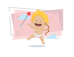 Cheerful cartoon cupid with bow and arrow laughing. Cute character, toddler, fun, joy. Valentines day concept. Can be used for topics like love, romance, dating