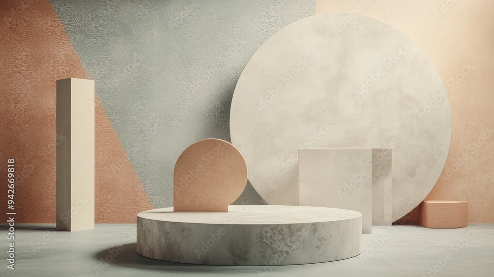 Poster 3D rendered abstract background featuring geometric shapes and a podium for product display in a minimalistic style