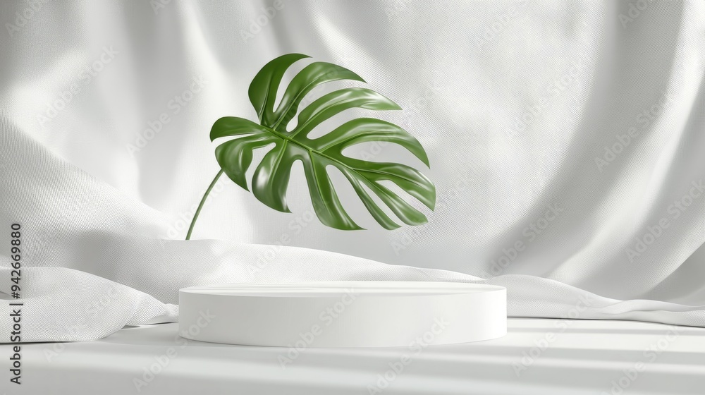 Poster 3d podium presentation featuring a monstera palm leaf on a white backdrop with fabric mockup for cos