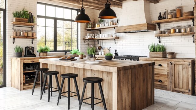 Watercolor rustic kitchen island with open shelving and warm wood tones.
