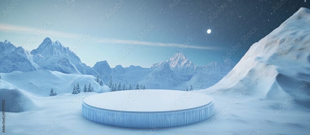 Aufkleber 3d render of a winter scene featuring an icy podium set against a snowy mountain backdrop complete w
