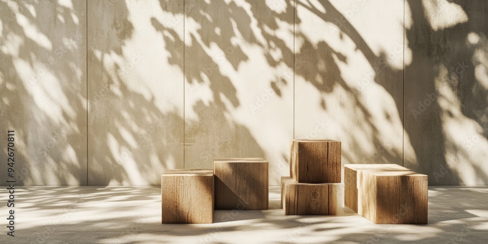 Fototapete 3d rendering of wooden cube blocks with tree shadows in a room