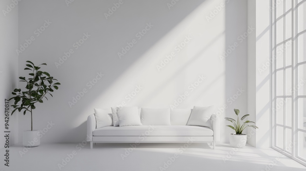 Poster concept of a white minimalist room featuring a sofa scandinavian style interior design in a 3d rende