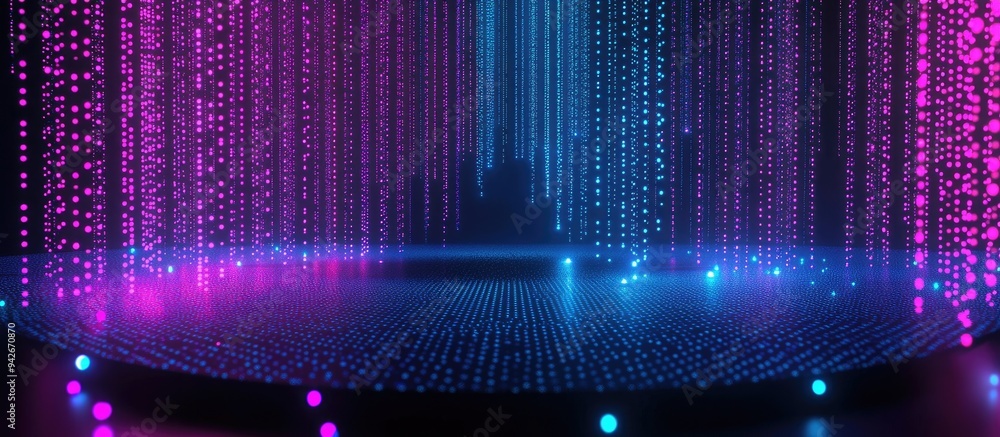 Poster 3D render featuring an abstract background with glowing dots and neon lights showcasing a virtual reality theme in ultraviolet spectrum incorporating vibrant pink and blue colors resembling a fashi