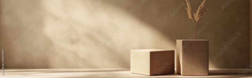 Aufkleber 3d rendering of a minimalistic background featuring two brown fabric boxes