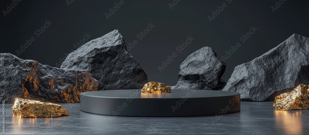 Leinwandbilder 3d rendering of an abstract background featuring black rock cobblestone ruins and levitating golden 