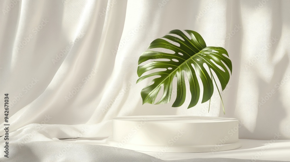 Poster 3d podium presentation featuring a monstera palm leaf on a white backdrop with fabric mockup for cos