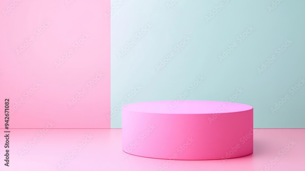 Aufkleber abstract geometric blank space in a minimal pop art style featuring a cylindrical platform for cosme